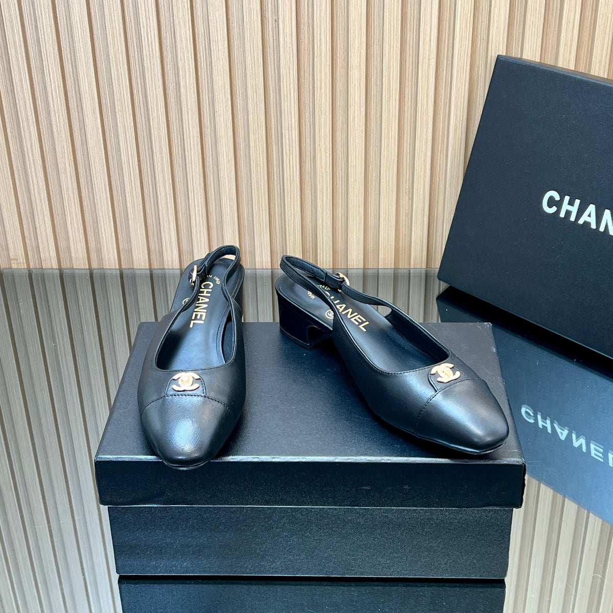 CHANEL 25S SLINGBACK SHOE 45MM IN BLACK CALFSKIN GOLD HARDWRE
