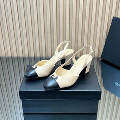 CHANEL 25S SLINGBACK SHOE LOGO 65MM IN BEIGE CALFSKIN GOLD HARDWRE