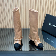 CHANEL 25S KNEE-HIGH HEELED BOOTS 65MM IN BEIGE CALFSKIN GOLD HARDWRE
