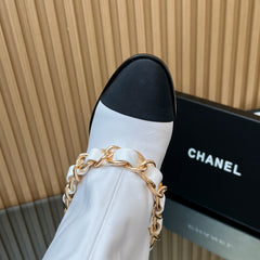 CHANEL 25S KNEE-HIGH HEELED BOOTS 65MM IN WHITE CALFSKIN GOLD HARDWRE