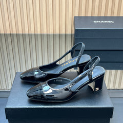 CHANEL 25S SLINGBACK SHOES IN BLACK GLOSSY CALFSKIN