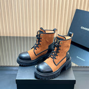 CHANEL 25S LACE-UP ANKLE BOOTS IN DARK CARAMEL SUEDE AND BLACK CALFSKIN