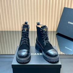 CHANEL 25S LACE-UP ANKLE BOOTS IN BLACK SUEDE AND CALFSKIN