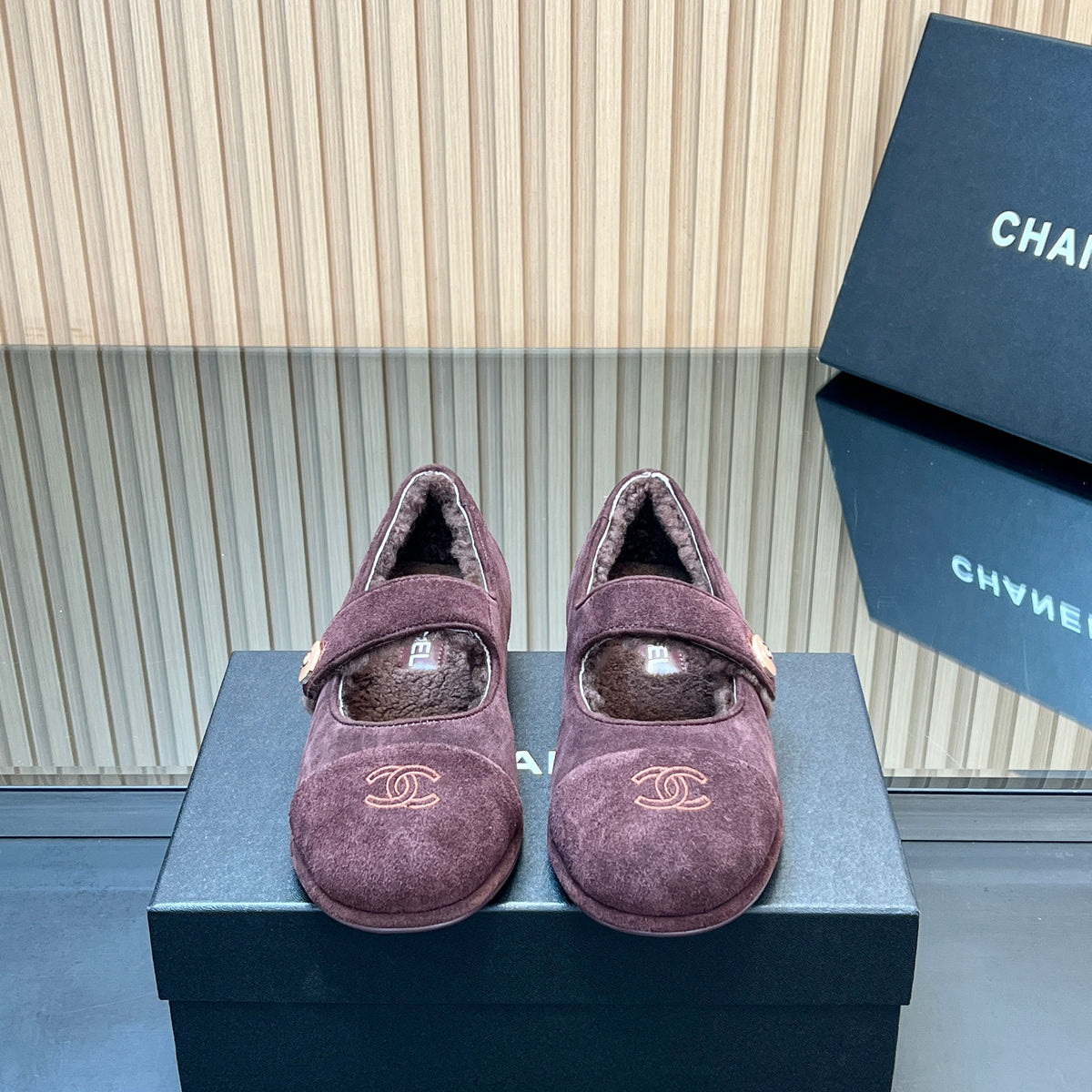 CHANEL 25S FURRY MARY JANE SHOES IN DARK PURPLE SUEDE