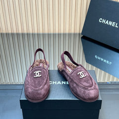 CHANEL 25S BACK STRAP MULE 15MM IN DARK PURPLE SUEDE AND WOOL GOLD HARDWRE