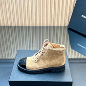CHANEL 25S MARTIN LACE-UP BOOTS WITH CHAIN DETAIL IN LIGHT BROWN SUEDE