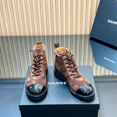 CHANEL 25S MARTIN LACE-UP BOOTS WITH CHAIN DETAIL IN DARK BROWN SUEDE