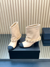 CHANEL 25S LOW BOOTS 65MM IN BEIGE CALFSKIN GOLD HARDWARE