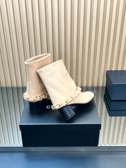 CHANEL 25S LOW BOOTS 65MM IN BEIGE CALFSKIN GOLD HARDWRE