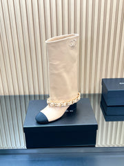 CHANEL 25S HIGH BOOTS 65MM IN BEIGE CALFSKIN GOLD HARDWRE