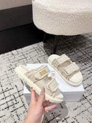 DIOR SANDALS 25S IN CREAM WHITE TWEED AND CALFSKIN WITH GOLD HARDWARE