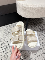 DIOR SANDALS 25S IN CREAM WHITE TWEED AND CALFSKIN WITH GOLD HARDWARE