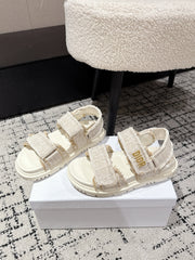 DIOR BACK-STRAP SANDALS 25S IN CREAM WHITE TWEED AND CALFSKIN WITH GOLD HARDWARE