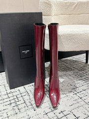 YSL 25S PLATFORM KNEE-HIGH BOOTS 70 MM IN WINE RED LAMBSKIN