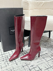 YSL 25S PLATFORM KNEE-HIGH BOOTS 70 MM IN WINE RED LAMBSKIN