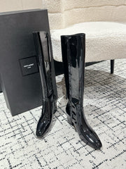 YSL 25S PLATFORM KNEE-HIGH BOOTS 70 MM IN BLACK GLOSSY LAMBSKIN