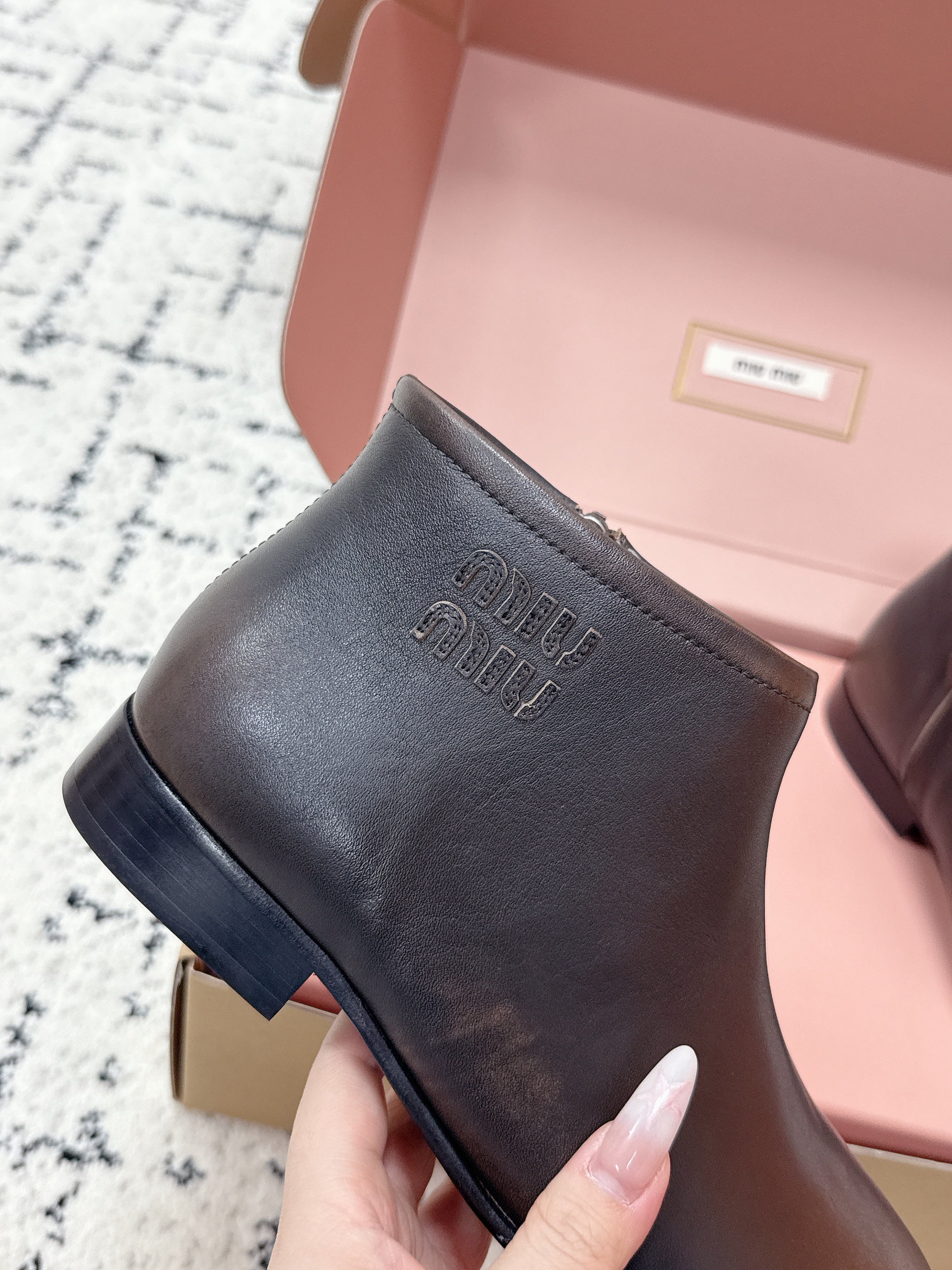 MIUMIU 26S BOOTIES IN DARK BROWN  FUME CALFSKIN