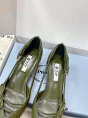 PRADA 26S POINTED-TOE HIGH HEELS 55MM IN DARK OLIVE GREEN CALFSKIN WITH BOW