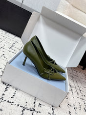PRADA 26S POINTED-TOE HIGH HEELS 75MM IN DARK OLIVE GREEN CALFSKIN