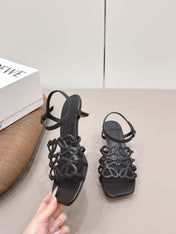 LOEWE 26S SQUARE TOE HEEL SANDALS 50MM IN BLACK CALFSKIN LOGO