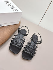 LOEWE 26S SQUARE TOE HEEL SANDALS 50MM IN BLACK CALFSKIN LOGO