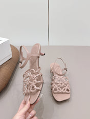LOEWE 26S SQUARE TOE HEEL SANDALS 50MM IN PINK CALFSKIN LOGO