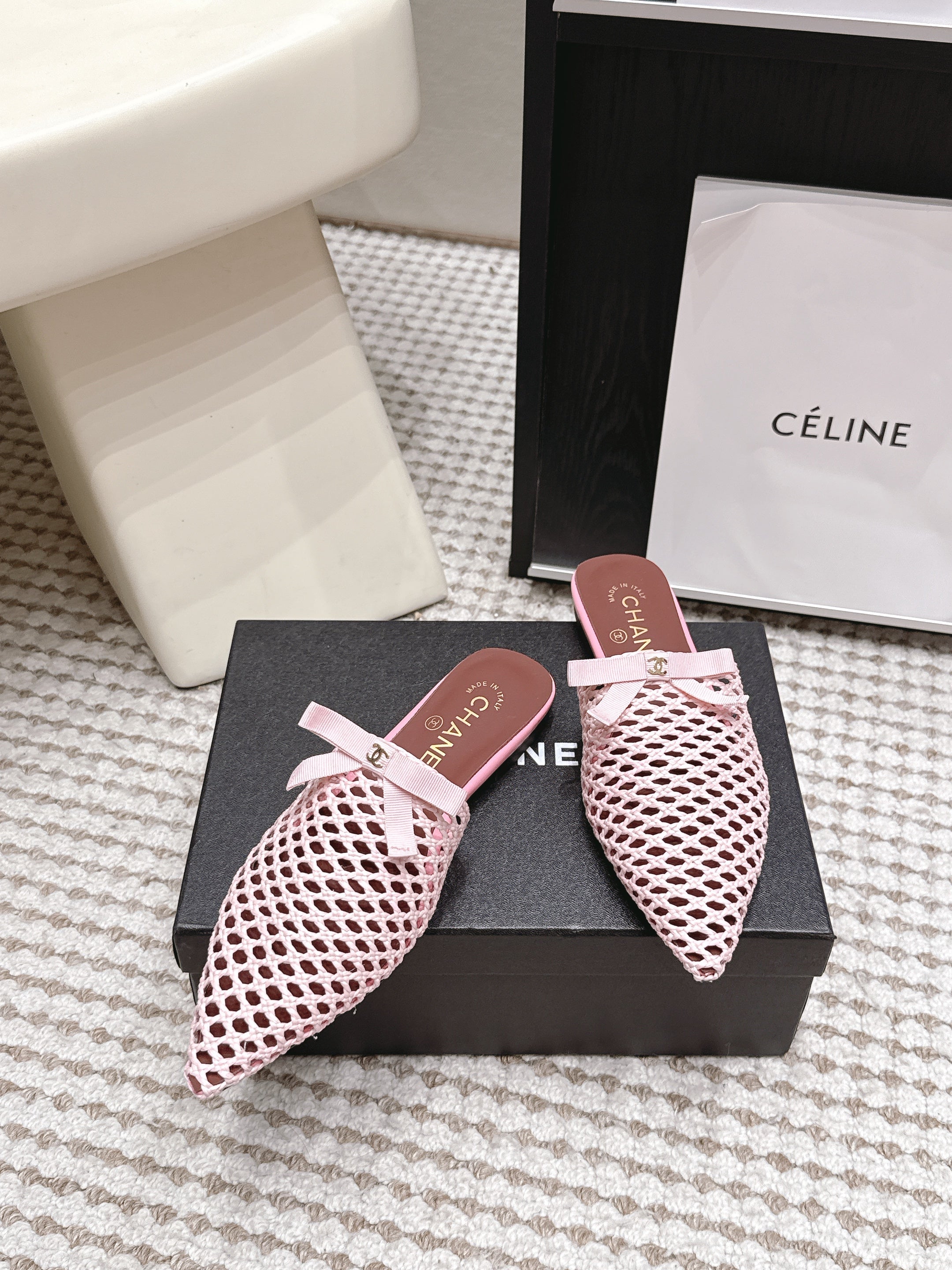 CHANEL 26S POINTED-TOE MULES IN LIGHT PINK MESH