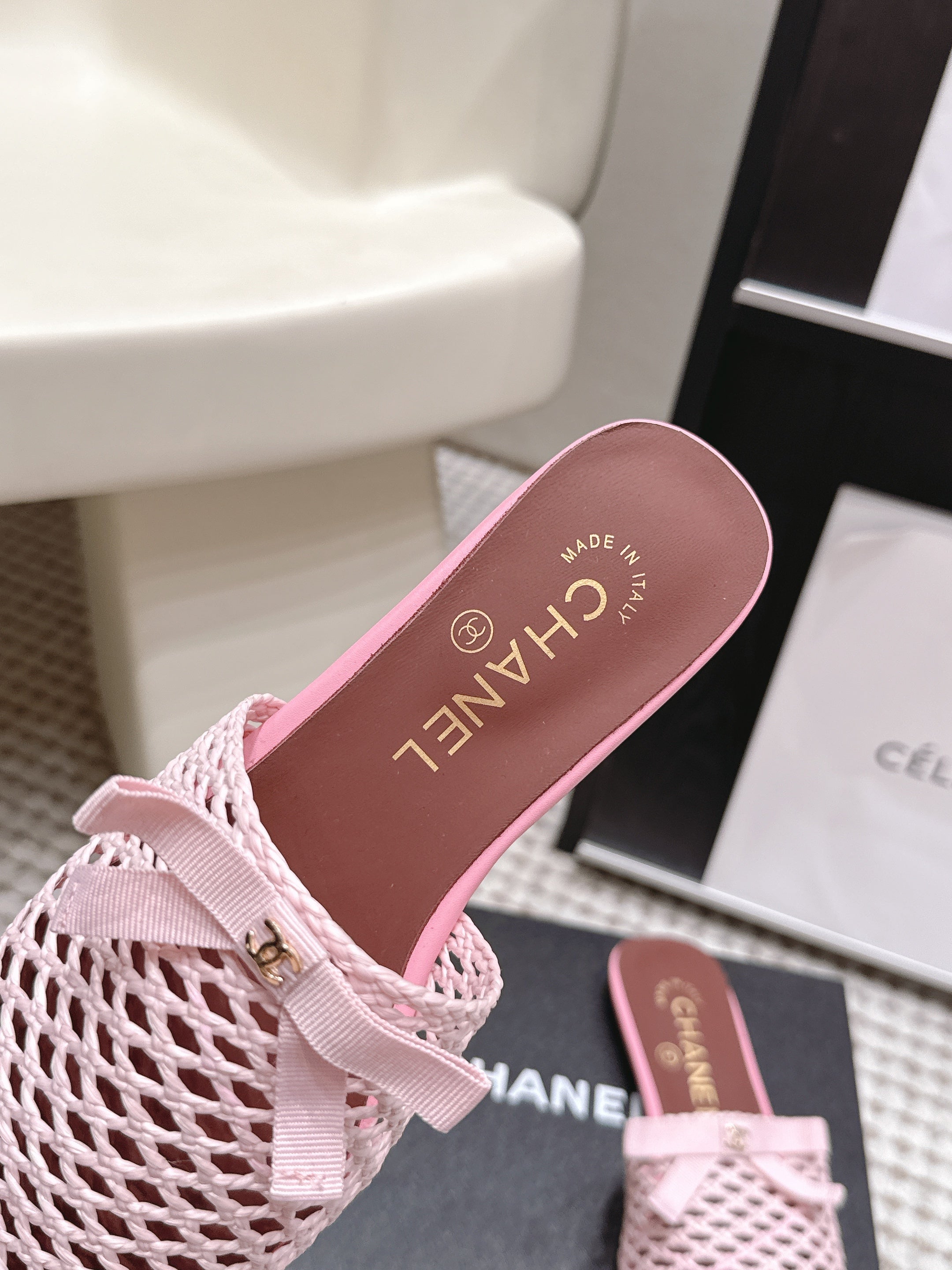 CHANEL 26S POINTED-TOE MULES IN LIGHT PINK MESH