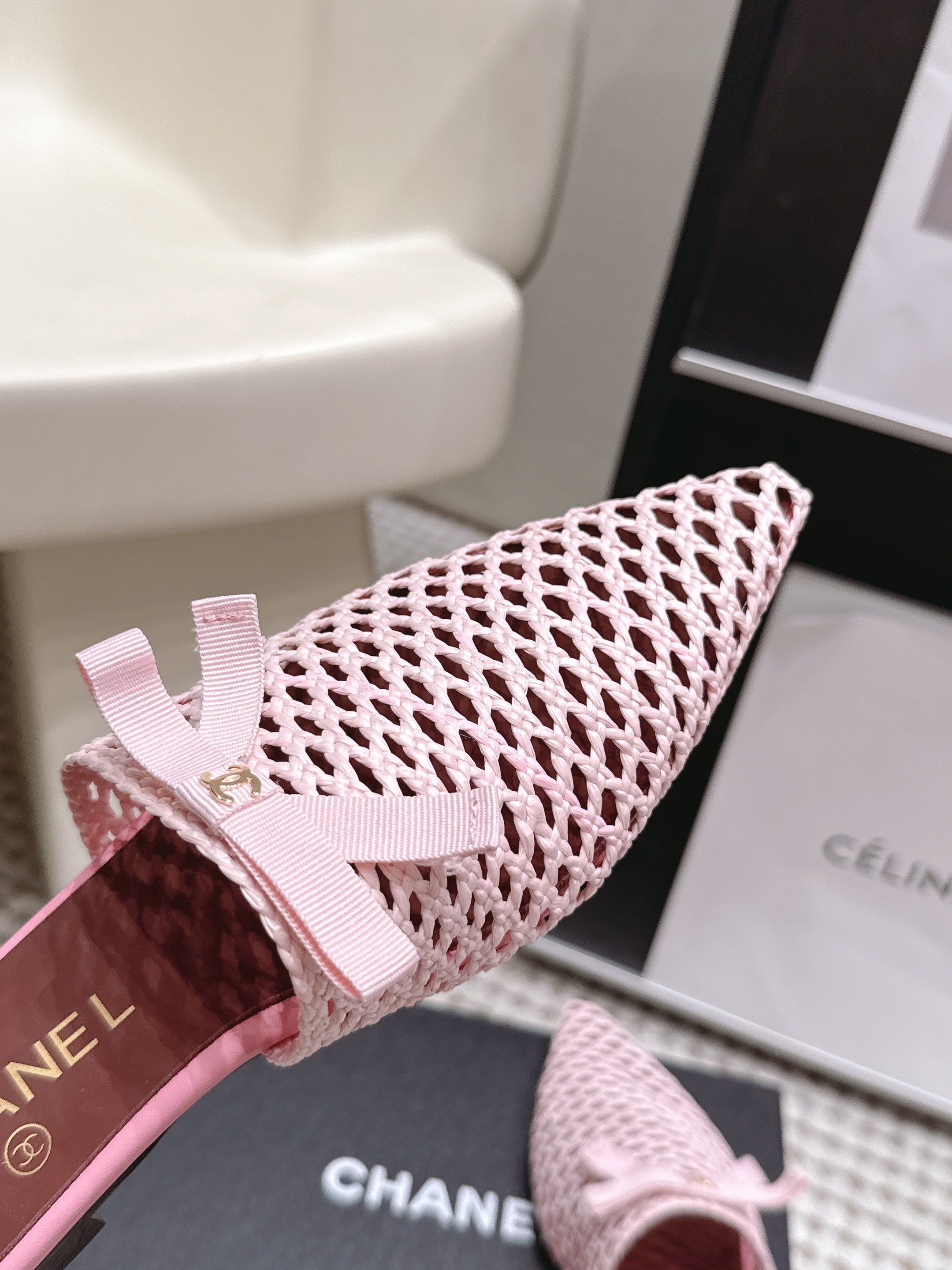 CHANEL 26S POINTED-TOE MULES IN LIGHT PINK MESH