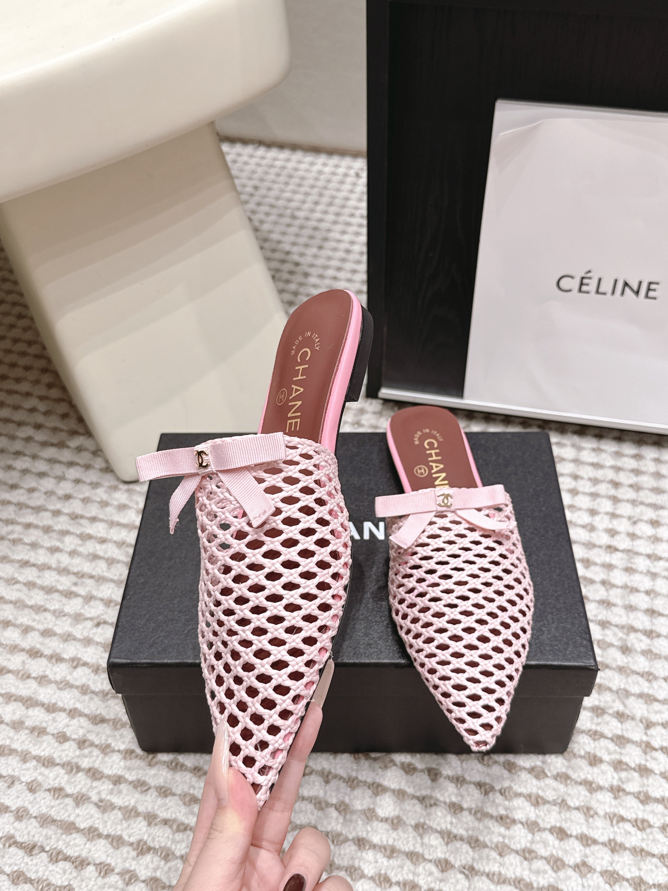 CHANEL 26S POINTED-TOE MULES IN LIGHT PINK MESH