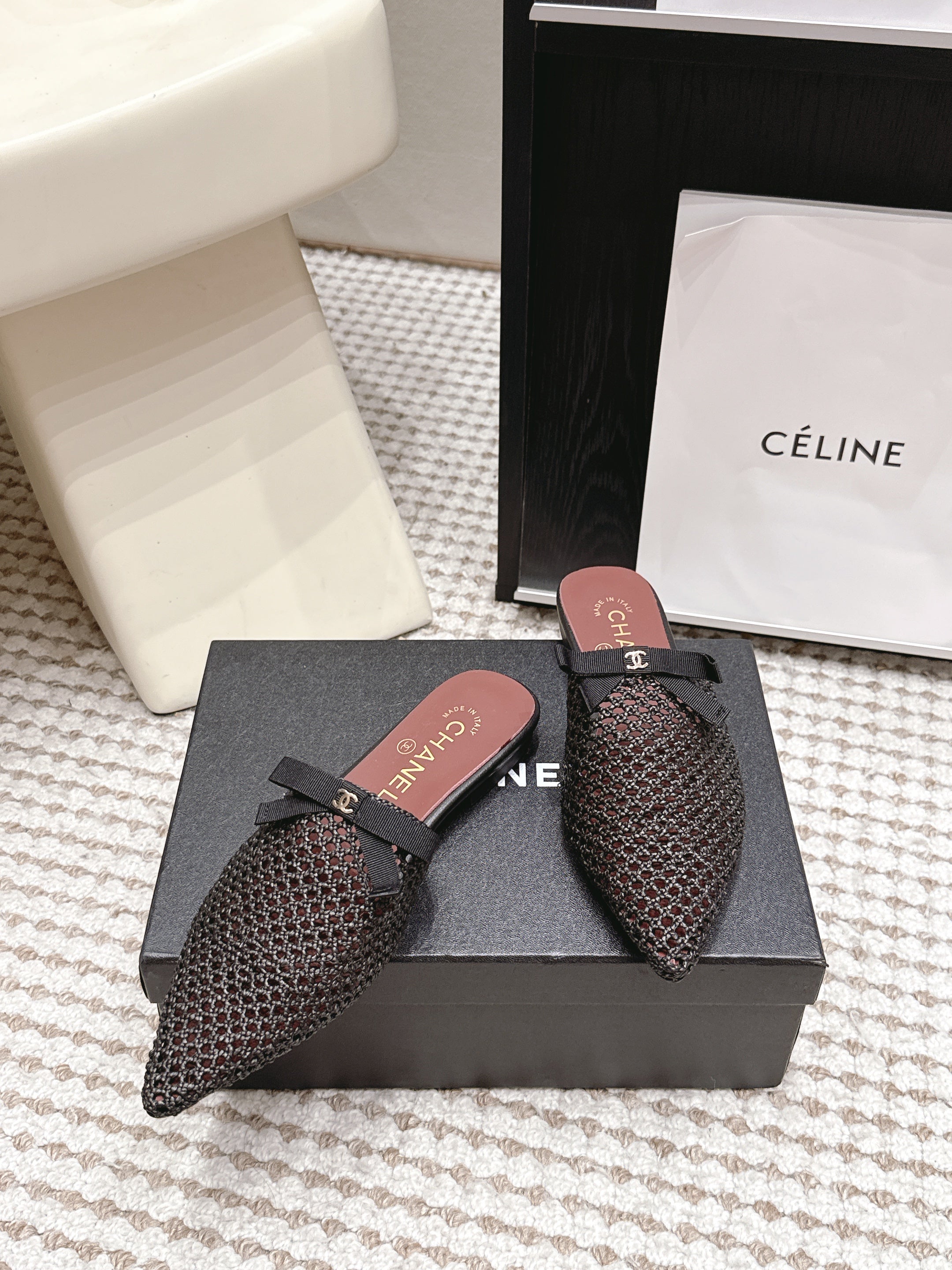 CHANEL 26S POINTED-TOE MULES IN BLACK MESH
