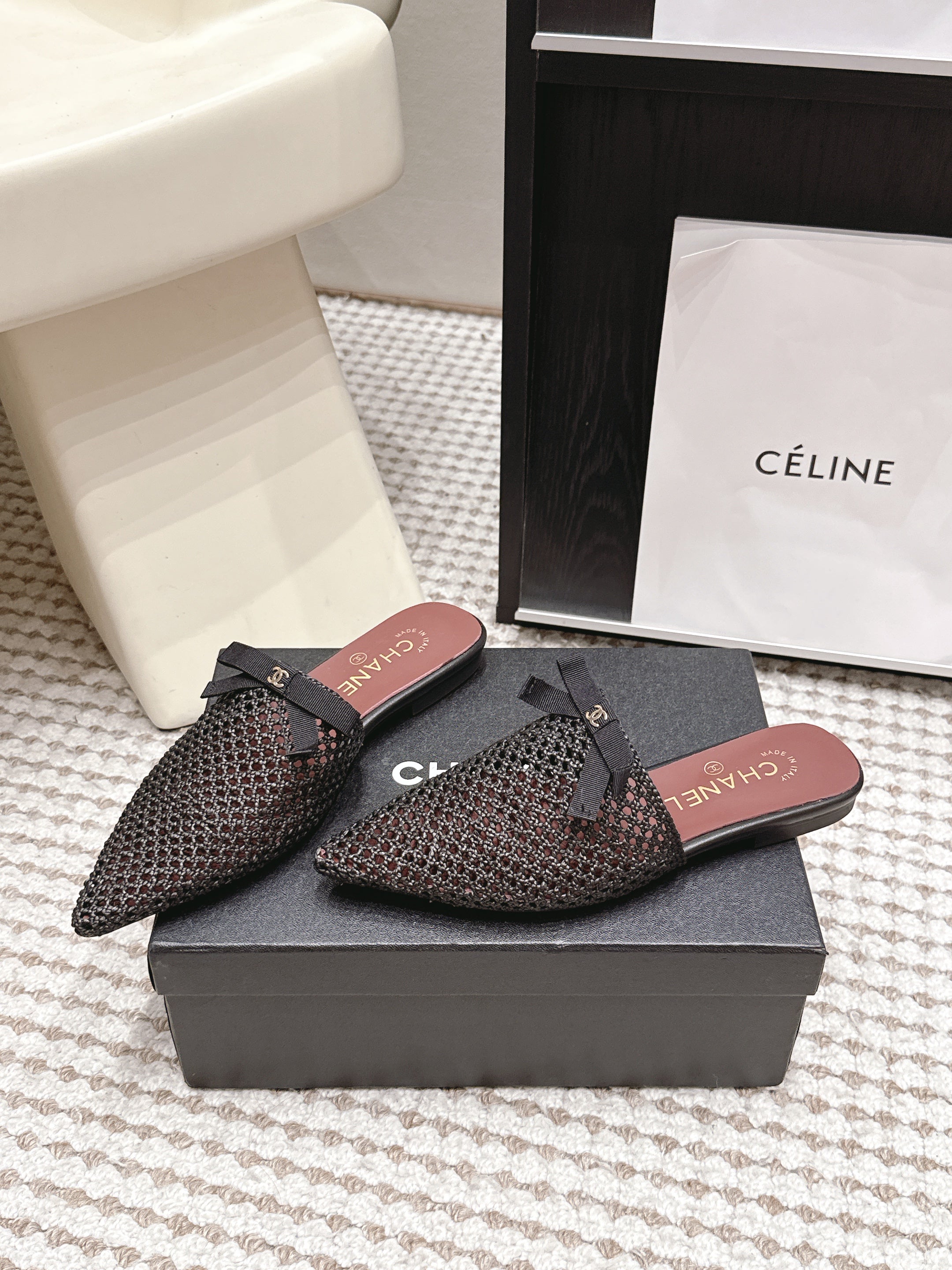 CHANEL 26S POINTED-TOE MULES IN BLACK MESH