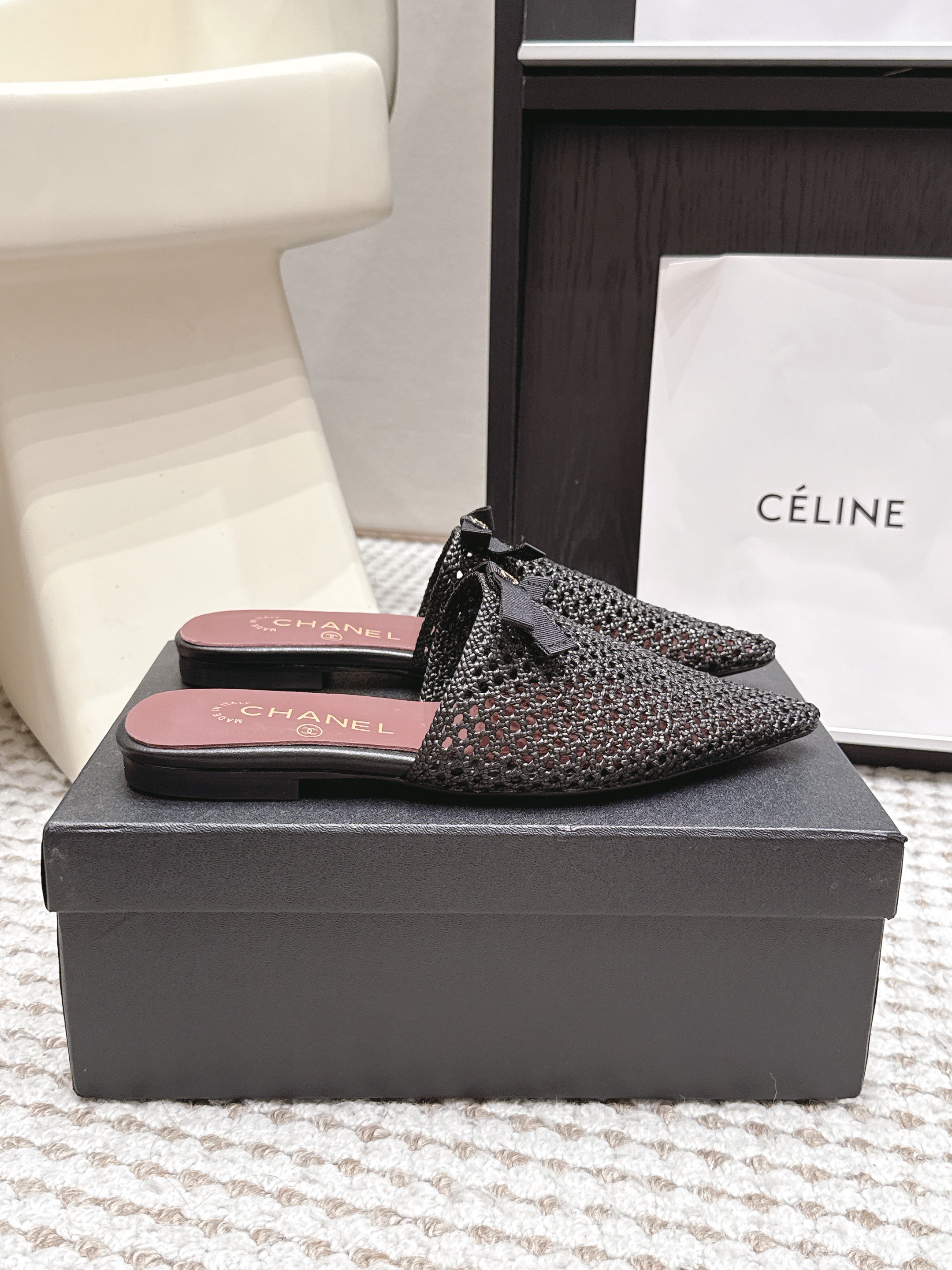 CHANEL 26S POINTED-TOE MULES IN BLACK MESH