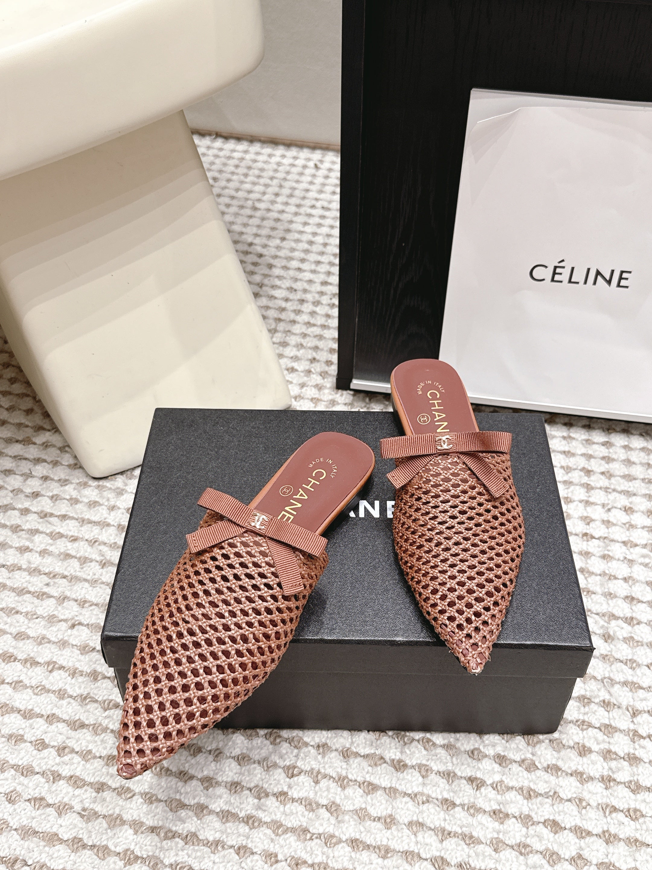 CHANEL 26S POINTED-TOE MULES IN DUSTY PINK MESH