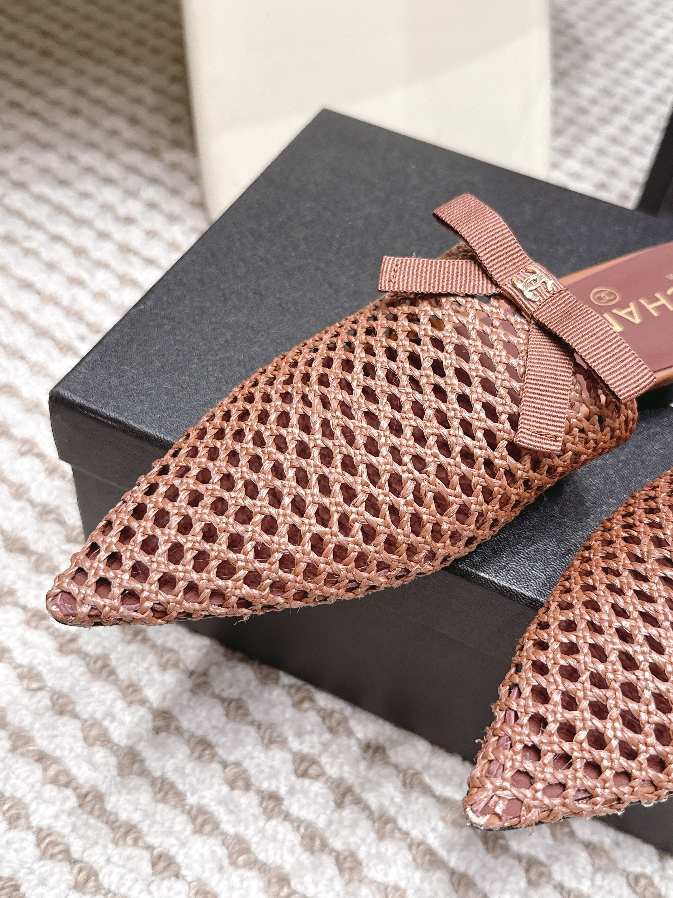 CHANEL 26S POINTED-TOE MULES IN DUSTY PINK MESH