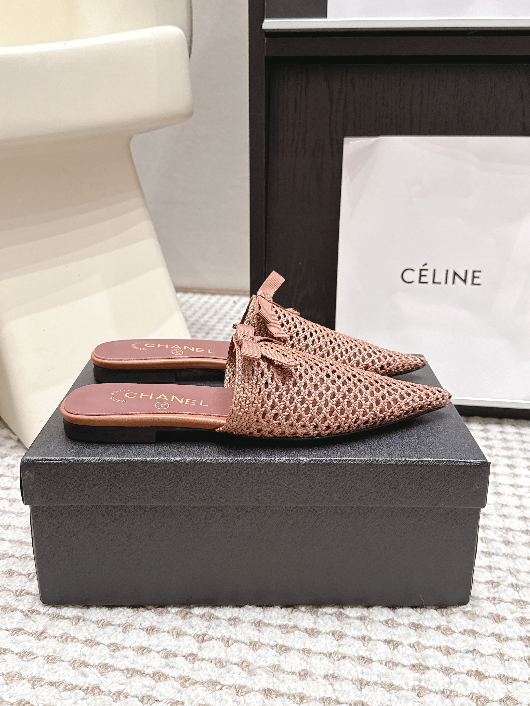 CHANEL 26S POINTED-TOE MULES IN DUSTY PINK MESH