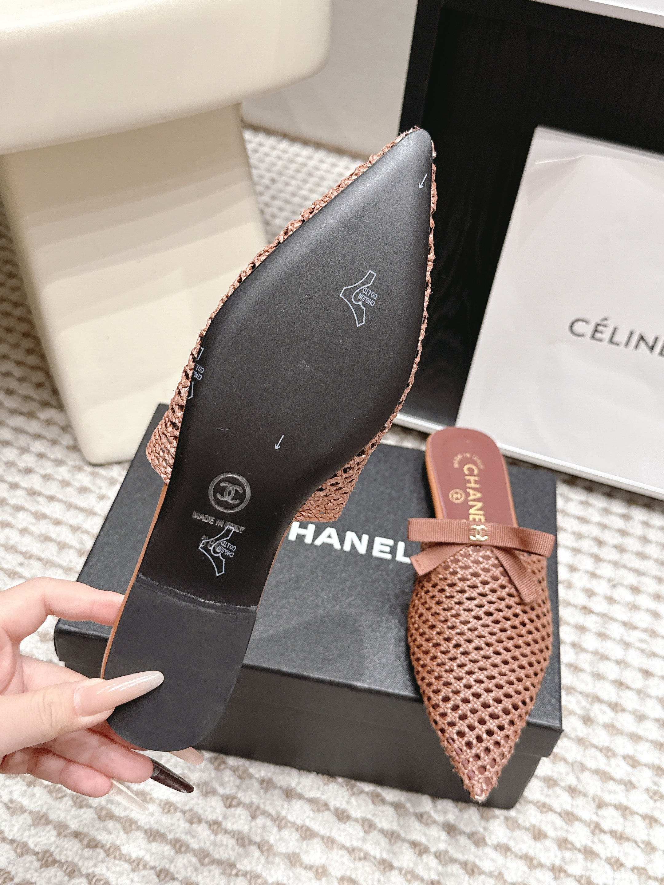 CHANEL 26S POINTED-TOE MULES IN DUSTY PINK MESH