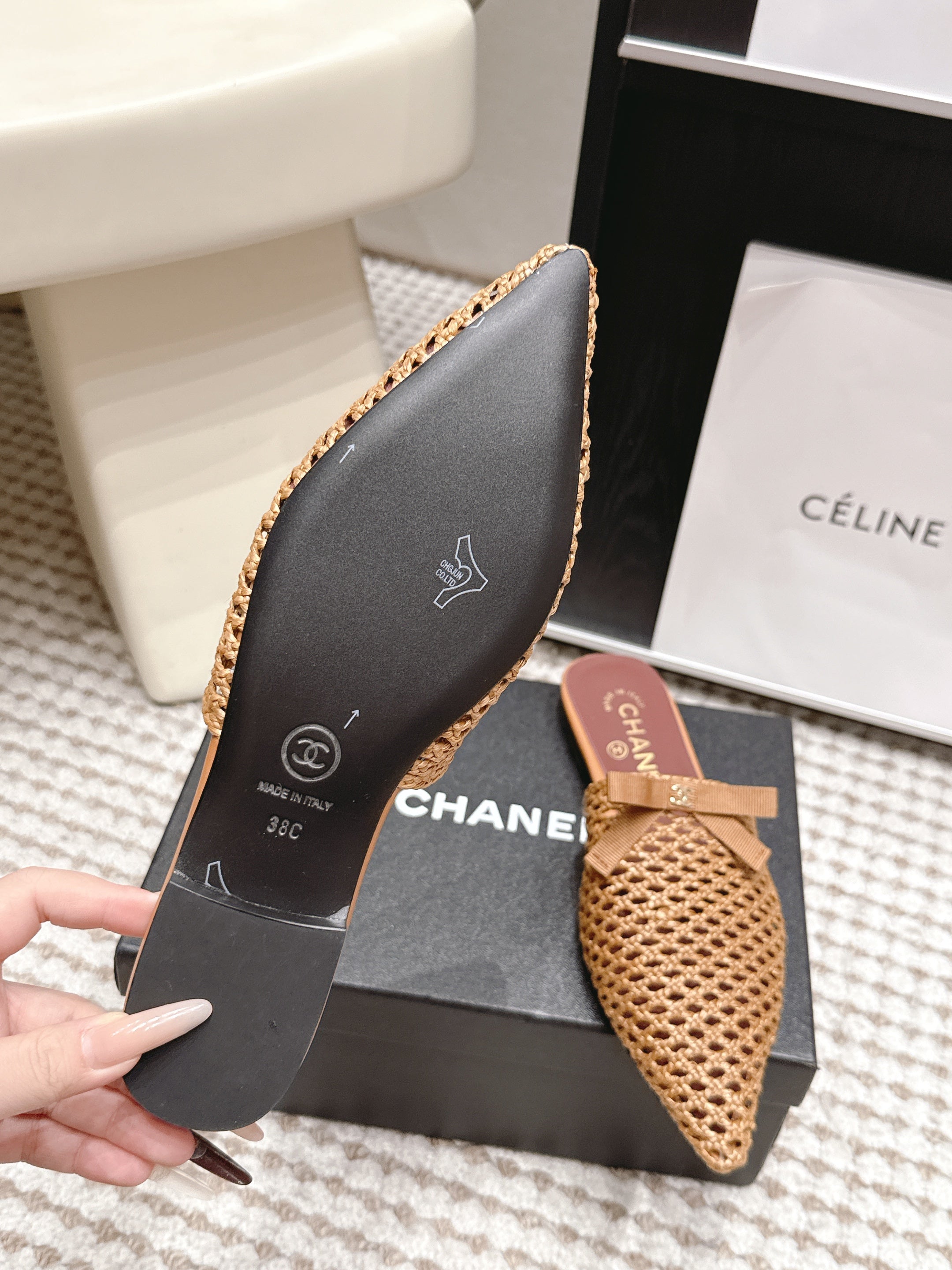 CHANEL 26S POINTED-TOE MULES IN CAMEL BROWN MESH