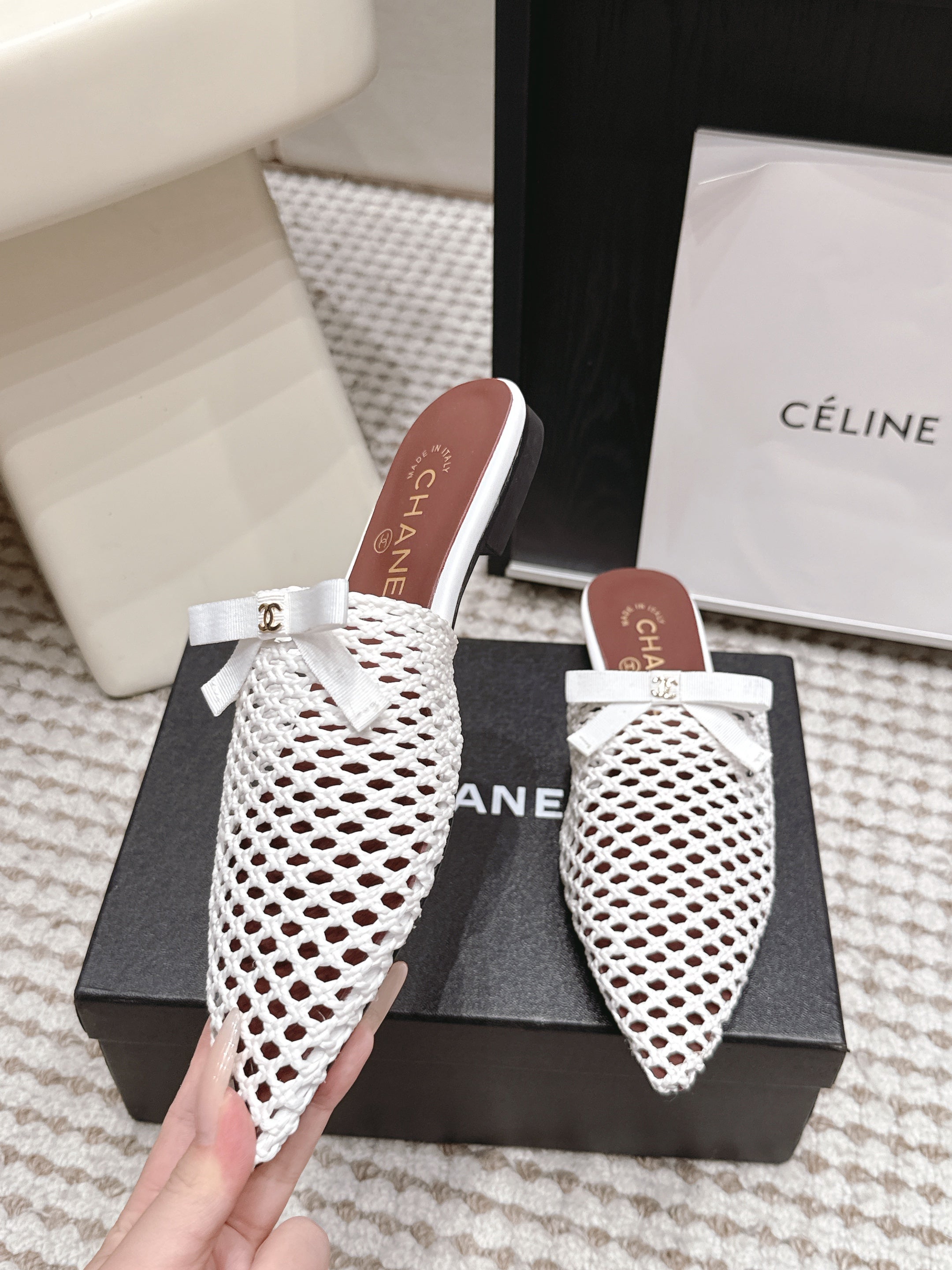 CHANEL 26S POINTED-TOE MULES IN WHITE MESH