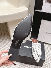 CHANEL 26S POINTED-TOE MULES IN WHITE MESH