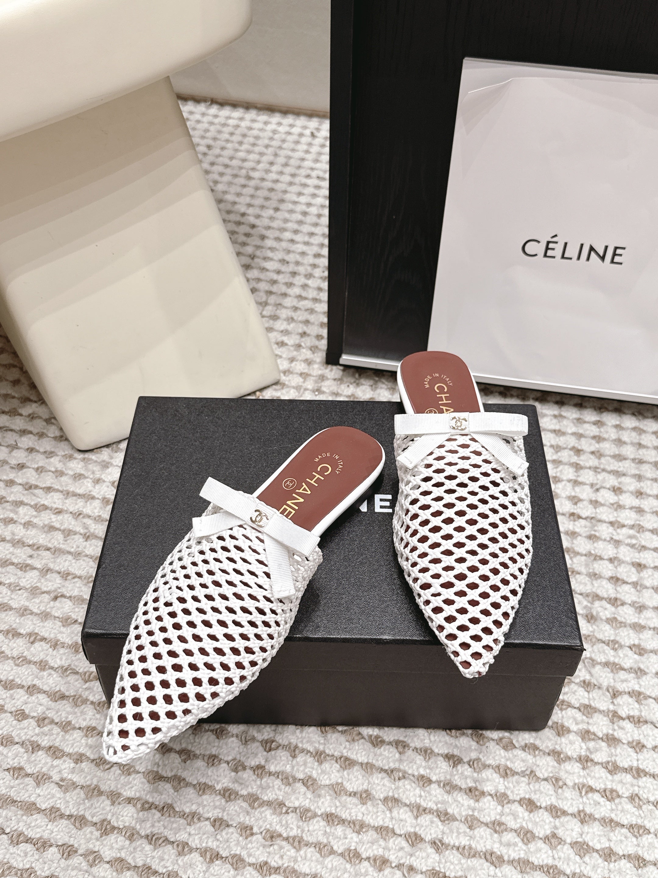 CHANEL 26S POINTED-TOE MULES IN WHITE MESH
