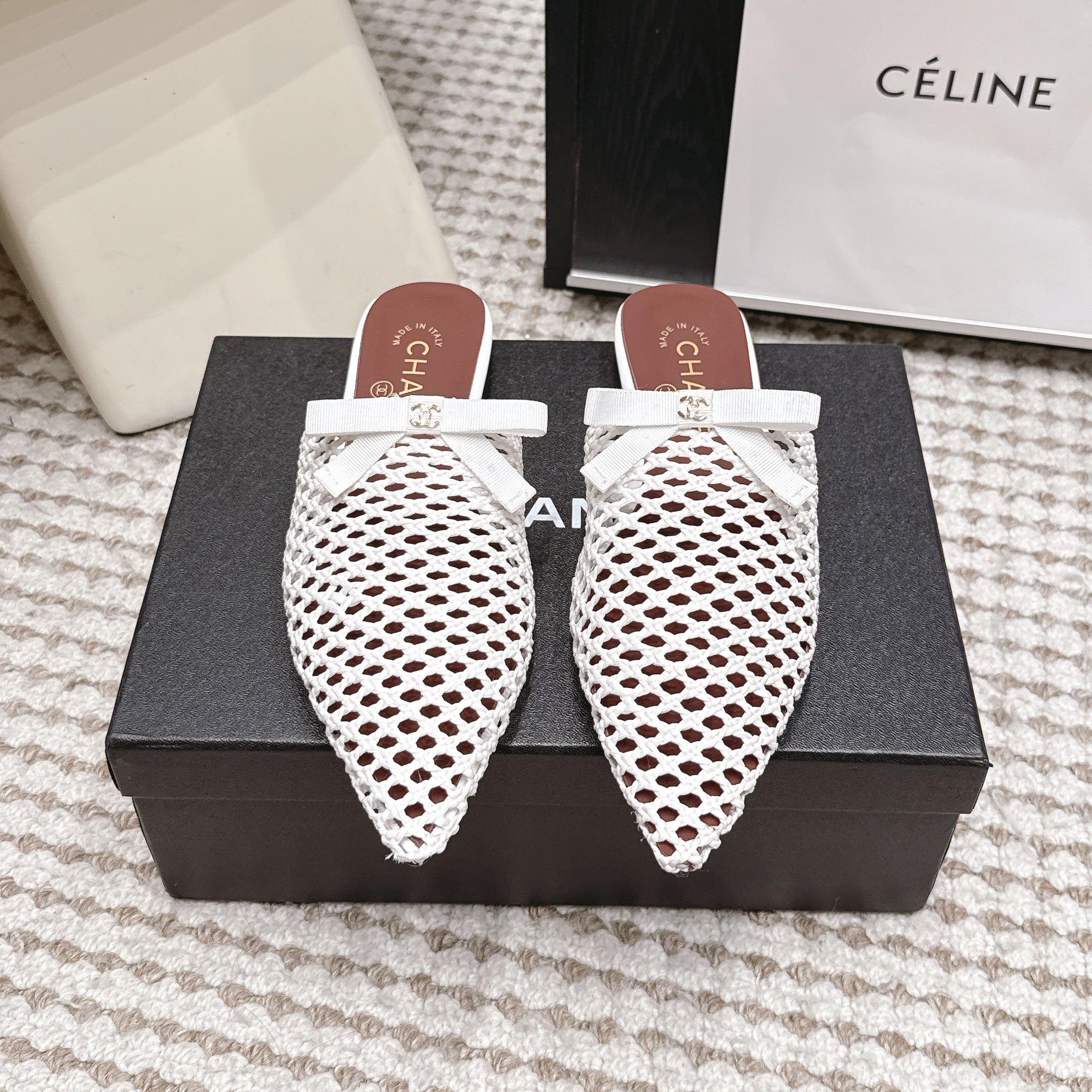 CHANEL 26S POINTED-TOE MULES IN WHITE MESH
