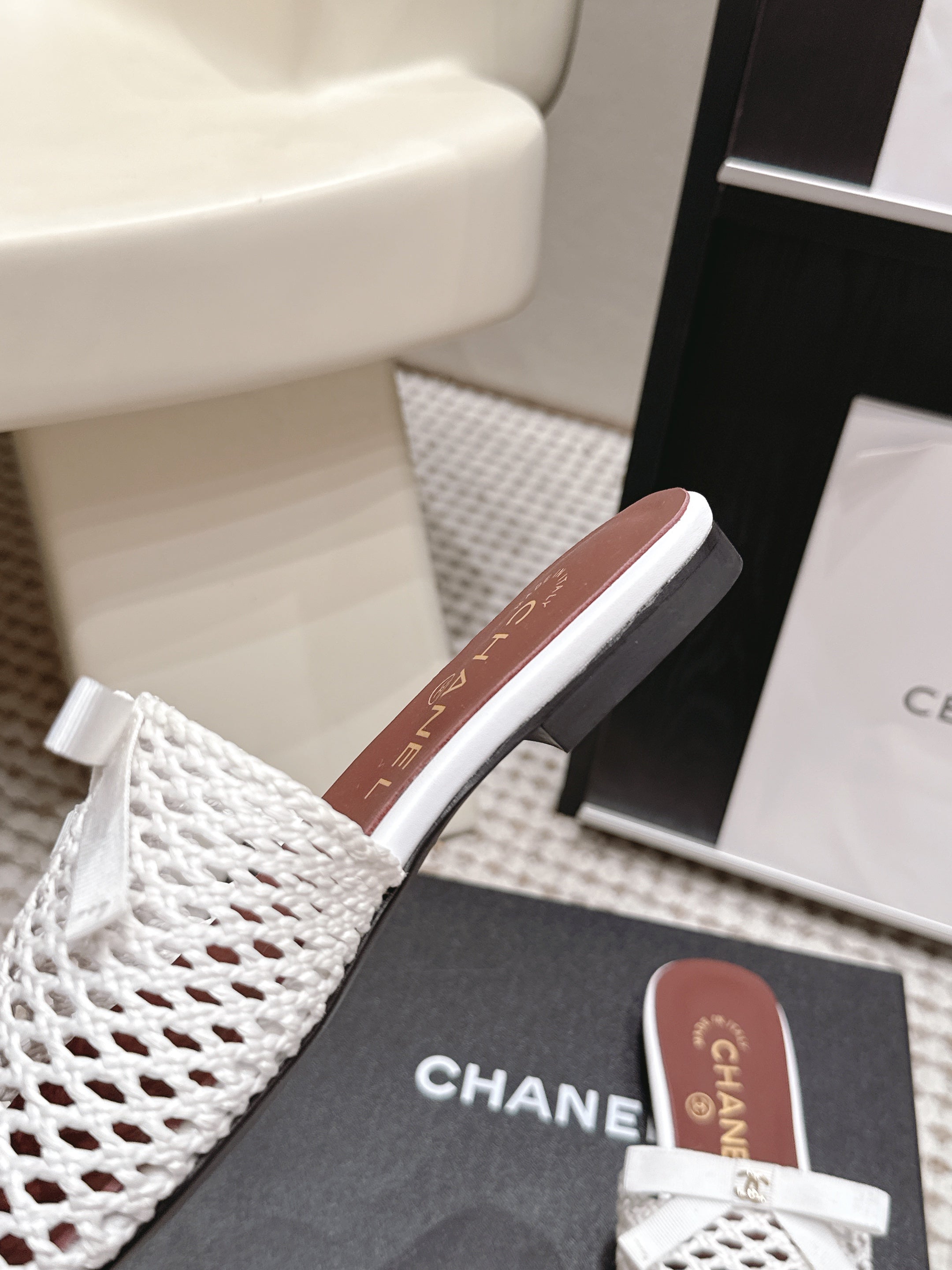 CHANEL 26S POINTED-TOE MULES IN WHITE MESH
