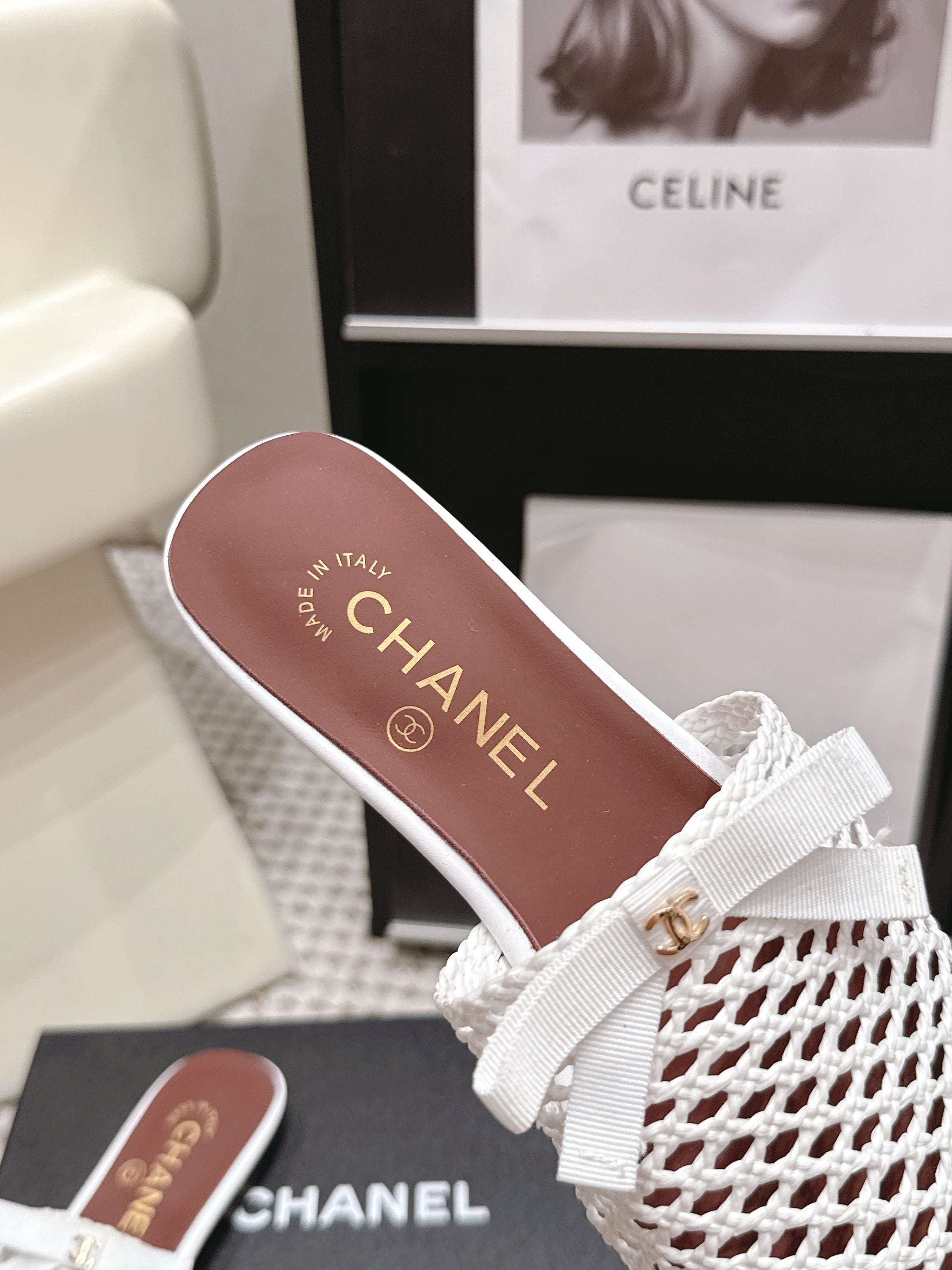 CHANEL 26S POINTED-TOE MULES IN WHITE MESH