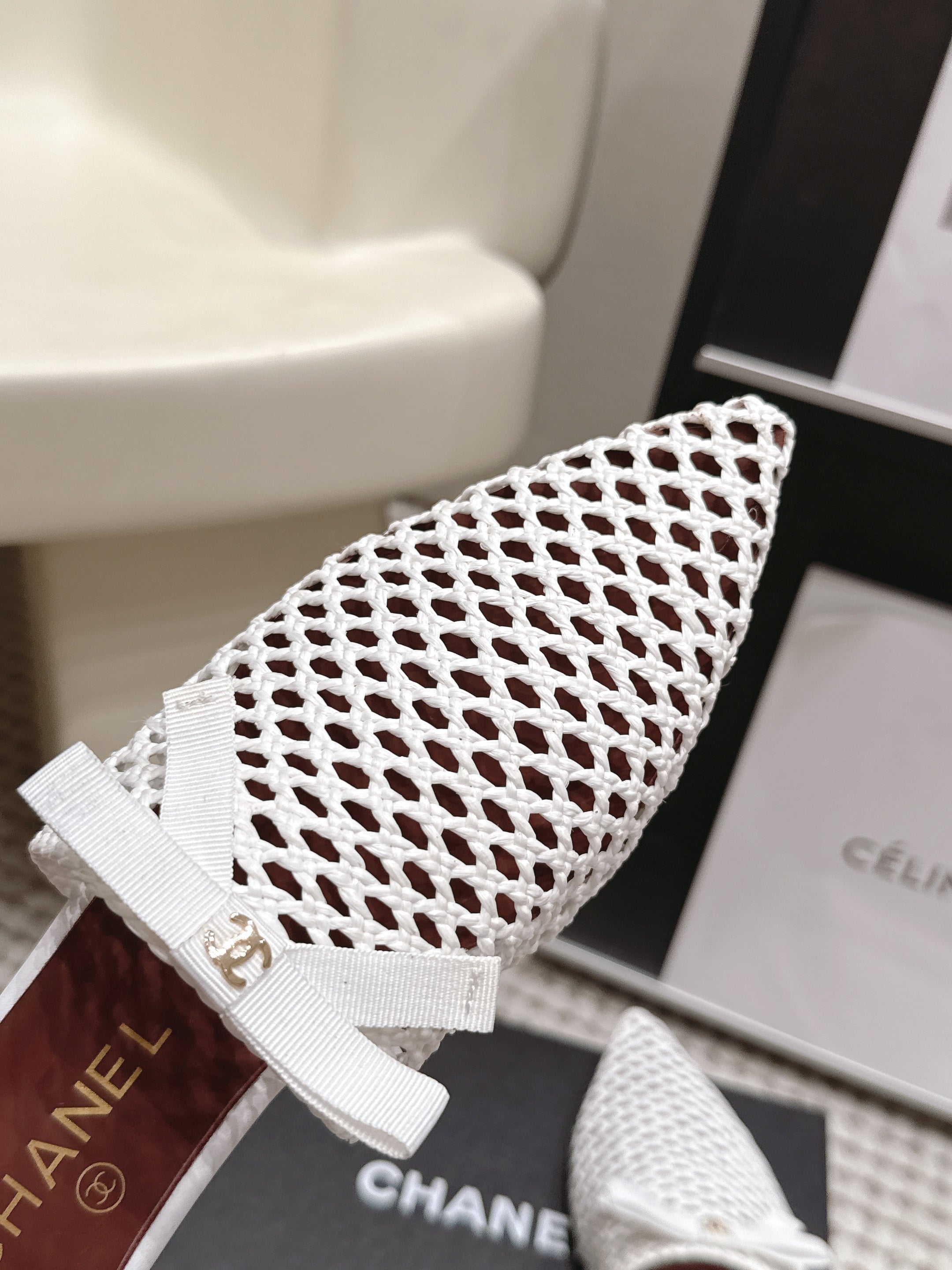 CHANEL 26S POINTED-TOE MULES IN WHITE MESH
