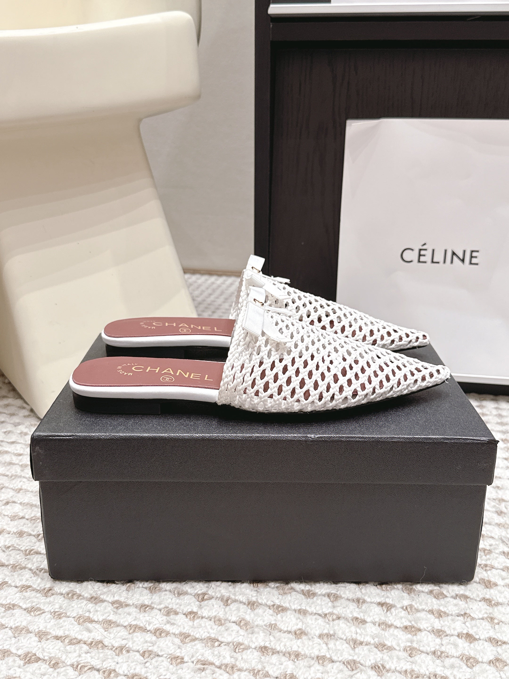 CHANEL 26S POINTED-TOE MULES IN WHITE MESH