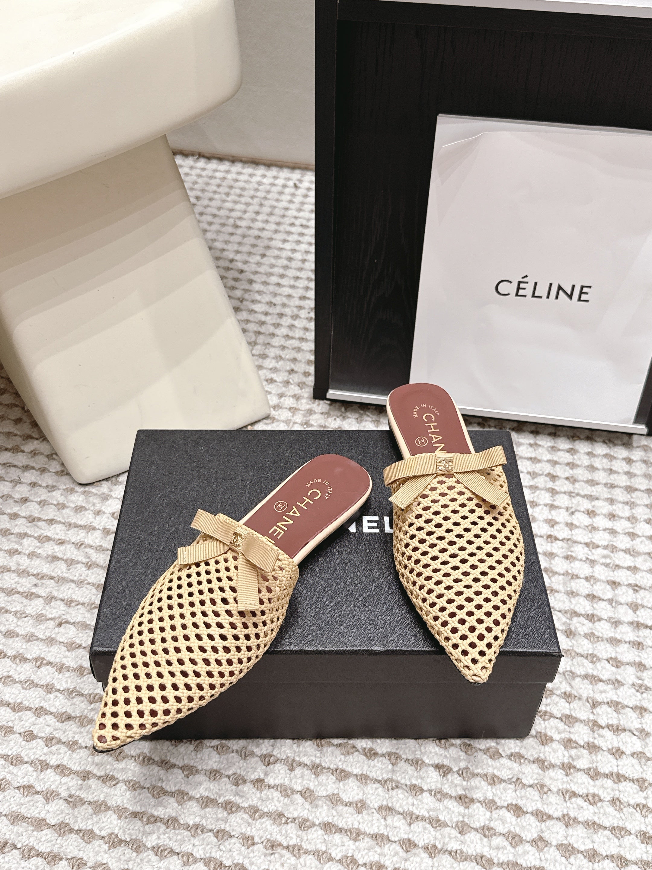 CHANEL 26S POINTED-TOE MULES IN BEIGE MESH