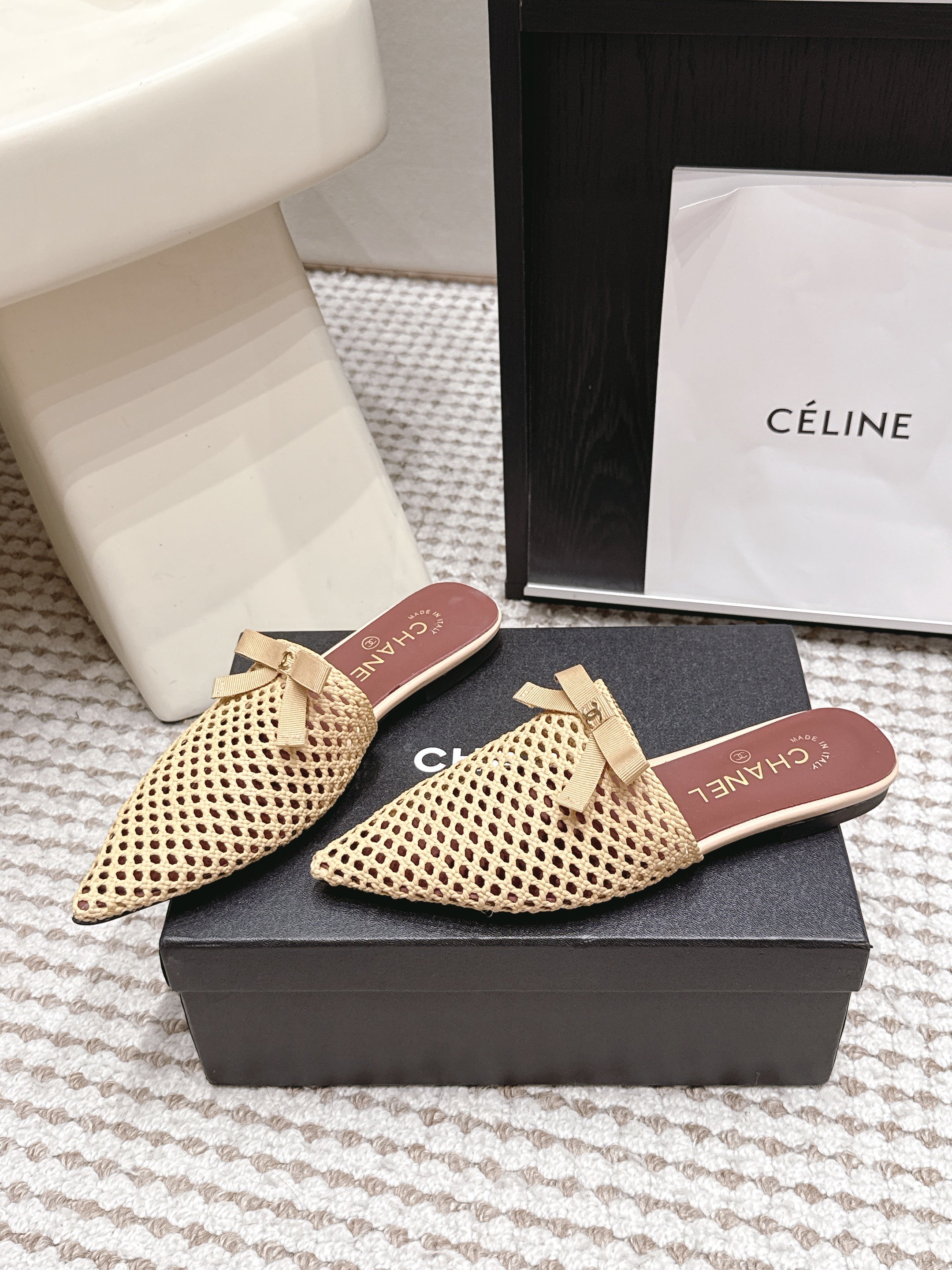 CHANEL 26S POINTED-TOE MULES IN BEIGE MESH