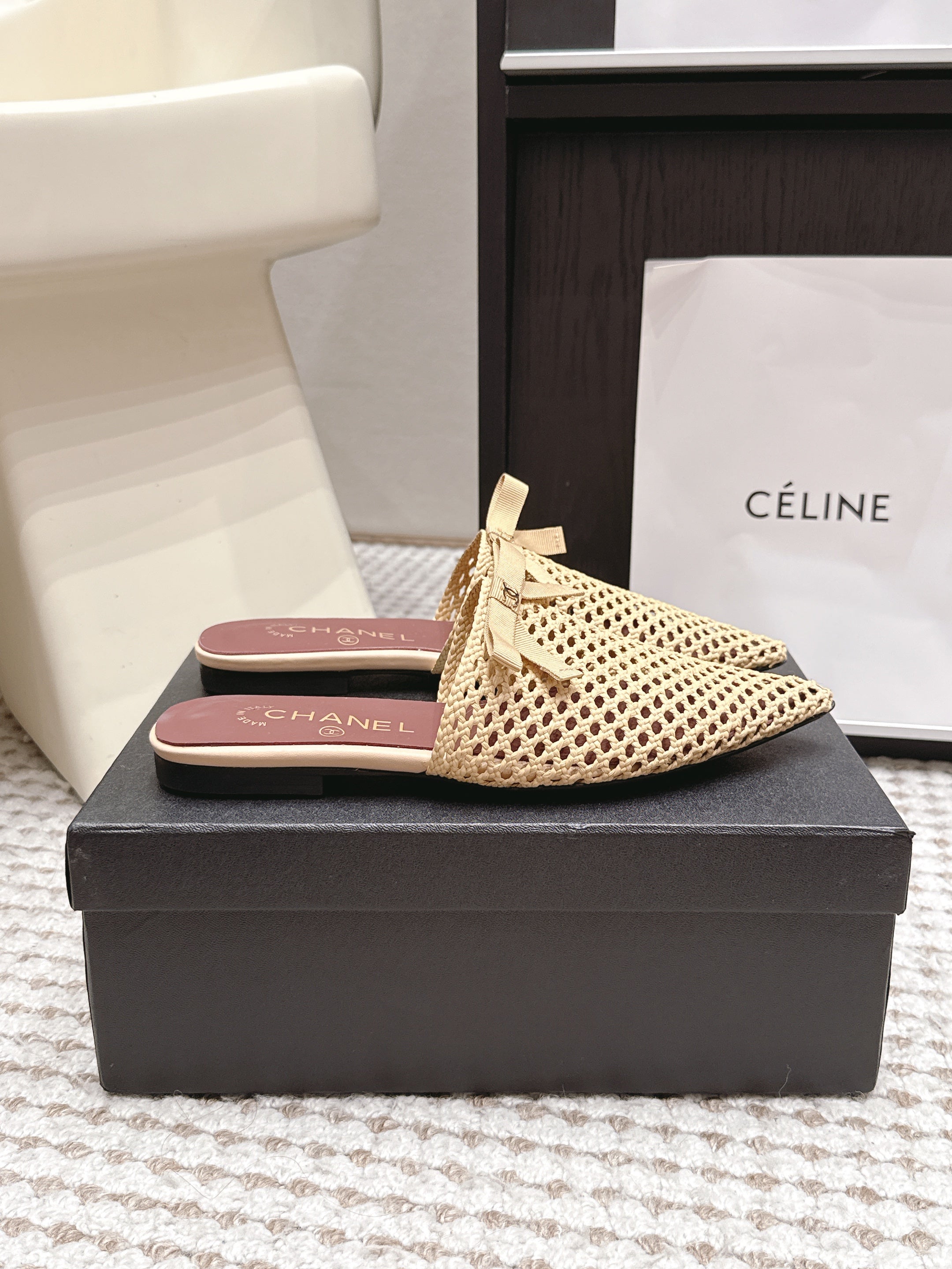 CHANEL 26S POINTED-TOE MULES IN BEIGE MESH