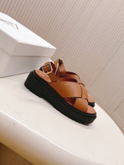 PRADA 25S CRISSCROSS SANDALS IN LIGHT TAN CALFSKIN